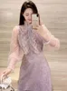 Casual Dresses Luxury Runway Design Ruffles Stand Collar Party Dress for Women Mesh Lång ärm Splicing Spets Slim Office Ol Vestidos