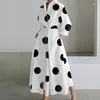 Casual Dresses Fashion Wave Dot Print Big Swing A-Line Dress 2023 Autumn V-Neck Pocket Stitching For Women Vestidos