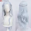 Catsuit Costumes Game FF14 Endwalker Cosplay Light Gray Blue 80cm Long Curly Hydaelyn Heat Resistant Hair Woman Wigs + Wig Cap