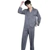 Vêtements de nuit pour hommes Plus Taille Hommes Pyjamas Set Sprig Automne Soie Satin Pijamas Costume Gris Stripe À Manches Longues Vêtements De Nuit Lâche Asual Home Wear