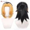 Trajes de gato cosplay preto amarelo com cauda makio anime peruca resistente ao calor cabelo sintético tengen uzui esposa perucas femininas + peruca boné