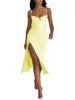 Casual Dresses Women Summer Midi Evening Dress Yellow Sleeveless Side Split Ruched Tie Up Party