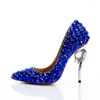 Sandálias 2023 Verão Mulheres Moda Sapatos Royal Blue Cristal Apontou Toe Stiletto Boca Rasa Handmade Sexy Diamante Salto Alto