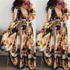 Frauen Boho Wrap Sommer Lond Kleid Urlaub Maxi Lose Sommerkleid Blumendruck V-ausschnitt Langarm Elegante Kleider Cocktail Party245C