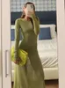 Casual Dresses Green Metallic Thread Sticked Dress Women Sexig långärmad o-hals Semi-Sheer Maxi Elegant BodyCon Party Club Shiny Shiny