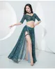 Sahne Giyim Göbek Dans Profesyonel Kadınlar Seti Kısa Kollu Yaka Top Split Uzun Etek 2 Parçalı Giyim Kız Baskı