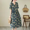 Party Dresses Summer Print Short Sleeve V-Neck Vintage Cotton Linen Midi Dress Women Loose Casual Holiday Robe Ladies Elegant Clothing