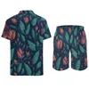 Herrspårar gröna blad män sätter röda blommor tryck nyhet casual skjorta set korta ärmar design shorts sommar strand kostym 2xl 3xl