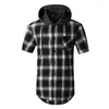 Men's T Shirts Mens Plaid Extra Long Hoodie Shirt 2022 Fashion Men Short Sleeve Hip Hop Streetwear Harajuku For Chemise Homme307U