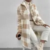 Women's Wool Blends 2023 Autumn Winter Women Splice Plaid Coat Elegant Plush Polyester Lapel Long Jacket Ladies Button 231027