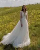 Incrível renda frisada vestidos de casamento decote em v profundo apliques vestidos de noiva mangas compridas uma linha tule lantejoulas vestido de novia