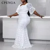 Etniska kläder 2023 White Lace African Mesh Dress for Women Elegant Lady Wedding Evening Dresses Plus Size Sexig Femme Party Bodycon Gown