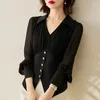 Blouses pour femmes élégant chic volants mince bureau dame affaires chemises décontractées 2023 mode noir blanc col en V à manches longues haut chemisier femmes