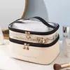 Makeup Bag Waterproof and Fashionable Travel Handbag Portable Large Capacity Storage Bag Solid Color Pu Transparent Double Layer Wash Bag 231015