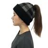 Woman Plaid Wool Hat Adult Lady Winter Warm Ponytail Beanies Knitted Hats 4 Colors Home Fashion Casual Ponytail Hat