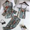 9Color Damen-Pyjamas-Sets mit Hosen, 3-teilig, Satin-Seidendruck, florales Rosa, Nacht-Hauskleidung, Pyjama-Schlafanzug, Damenbekleidung 210305301S