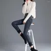 Women's Pants Women Cotton Denim Jeans Solid Color Trousers Cozy Winter For High Waist Faux Fur Lining Slim Fit Button Closure