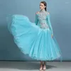 Palco desgaste luz azul luxuoso strass vestido de dança de salão moderno flamenco valsa prática padrão