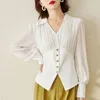 Blouses pour femmes élégant chic volants mince bureau dame affaires chemises décontractées 2023 mode noir blanc col en V à manches longues haut chemisier femmes