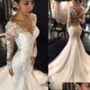 Mermaid Wedding Dresses Trumpet/Mermaid V-Neck Long Sleeves Lace Court Train Tle Applique Illusion Back Bridal Dress With Pick Up Dr Dh2Sn