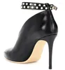 Dress Shoes Carpaton Est Pointed Toe High Heel Black Leather Ankle Strap Thin Heels Pumps Pearls Beaded V-neck