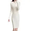 Casual Dresses Women Knitted Thick Solid Color High Elasticity v Neck Buttons Long Sleeve Mid-calf Length Sheath Tight Waist Slim Dress