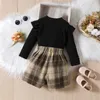 Ensembles de vêtements Focusnorm 1-6Y Mode Automne Enfants Filles Vêtements 2pcs Tenues À Manches Longues O Cou À Volants Hauts Bouton Plaid A-ligne Jupes