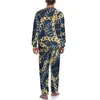 Masculino sleepwear ouro e cinza corrente pijama outono duas peças links impressão legal conjunto masculino mangas compridas casual impresso