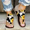 Boho 4496 Style Sandals Women Flat Bottom Suower Cow Print Canvas Back Zipper Clip Toe Walking Casual Shoes Non-Slip 2024