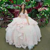 Roze Glanzende Baljurk Quinceanera Jurk 2024 3D Bloemen Applicaties Kralen Prinses Tule Vestidos De 15 Anos Verjaardagsfeestje Sweet 16 Jurk