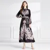 Lantern Sleeve Black Women Maxi Dress Robe Luxury Designer Vintage Elegant Stand Collar Slim Party Boho Dresses With Belt 2023 Autumn Winter Runway Vacation Frocks