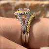 Wedding Rings She 925 Sterling Sier Halo Yellow Gold Color Engagement Ring Wedding Band Bridal Set For Women 1 8Ct Cushion Cut Aaaaa C Otifl