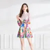 Retro Floral Long Sleeve Mini Dress Women Designer Stand Collar Elegant Print Vacation Blue Short Dresses 2023 Autumn Winter Runway Slim Fit Stylish Party Frocks