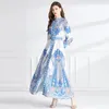 Vintage baskı beyaz maksi elbise bornoz kadın tasarımcısı paisley floral zarif fit parti bohem elbiseleri 2023 Sonbahar Kış Pist Standı Yaka İnce Tatil Frocks