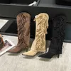 Autumn 2023 Nowe długie rękawowe buty z dekoltem w dekolcie wysokie rękawy Western Cowboy Boots cienkie wysokie obcasy Długie buty Kobieta 231028