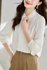 Kvinnors blusar 2023 Autumn Stand Collar Women White Shirt Lantern Sleeve Hollow Out Blue Elegant Fashion Office Lady Tops