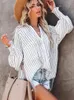 Blusas femininas bolso solto camisa listrada para mulher 2023 primavera branco lanterna manga topo doce blusa verão praia bikini cobrir