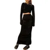 Ensemble 2 pièces pour femmes, tenue Sexy, col ras du cou, dos nu, manches longues, haut court fendu, moulante, robe Maxi