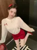 Survêtements pour femmes Pull blanc et short en velours rouge Ensembles Femmes Automne Bow Décoration Sweatshirts Tenues mignonnes pour les filles douces Kawaii