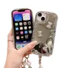 Étuis de téléphone de luxe Miroir Apple Housses de protection pour iPhone 15 14 Plus 13 12 Pro Max Bracelet d'amour esthétique Antichoc Étui souple Bracelet Perles Chaîne Boîte de vente au détail