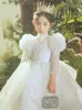 Beyaz prenses çiçek kız elbise doğum günü yüksek boyun el yapımı boncuk kristal parlak çiçekler küçük kızlar gelinlik cemaatleri yarışmaları tül zemin