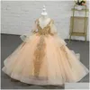 Flower Girls' Dresses Champagne Pearls Flower Girl Dresses For Wedding Luxury Gold Embroidery Ball Gown Appliqued Pageant Birthday Gow Otnfg