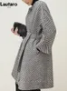 Womens Wool Blends Lautaro Autumn Winter Black and White Zigzag Woolen Coat Women Sashes A Line Loose Elegant Stylish Runway Korean Fashion 231027