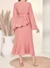 カジュアルドレス女性ピンクの長いドレスウエストバンドファッション長スリーブスリットウエストフリル刺繍花の夏s m l xl