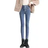Women's Pants Women Cotton Denim Jeans Solid Color Trousers Cozy Winter For High Waist Faux Fur Lining Slim Fit Button Closure