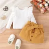 Clothing Sets FOCUSNORM 0-4Y Toddler Kids Girls Clothes 2pcs Outfits Long Sleeve Ruffle Ribbed Tops Solid Color Button A-Line Skirts