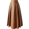 Skirts Autumn Retro Elegant PU Leather Skirt Midi Women's High Waist Slim A-line Large Hem Pleated Loose Umbrella Female Faldas