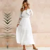 Summer Elegant Off Shoulder Long White Dress Women See Through Lace Sheer Mesh Patchwork Boho Holiday Beach Maxi Casual Dresses217N