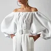 Blouses Femmes 2023 Printemps Blanc Coton Chemise Chemisier Femmes Élégant Français Romantique Crop Top Femme Manches Bouffantes Slash Cou Blusas