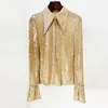 Women's Blouses Khaki Peaked Collar Glitter Sequins Beaded Mesh Shirt Fashion Open Flared Sleeve Transparent Blouse Tops 2023